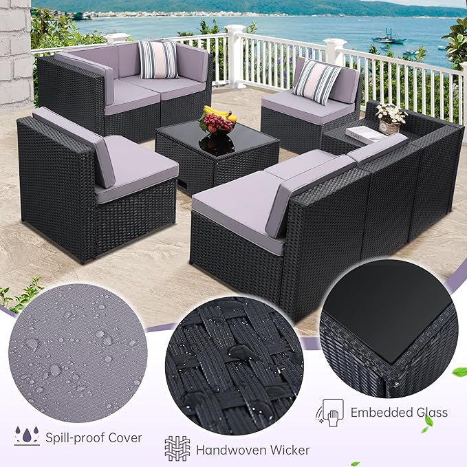 KROFEM 8-Piece Patio Furniture Set, Outdoor Wicker Rattan Sectional with Thick Cushions, Glass Top Table with Hidden Storage, Outdoor Conversation Set for Backyard, Porch, Patio, Light Grey