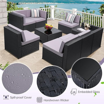 KROFEM 8-Piece Patio Furniture Set, Outdoor Wicker Rattan Sectional with Thick Cushions, Glass Top Table with Hidden Storage, Outdoor Conversation Set for Backyard, Porch, Patio, Light Grey