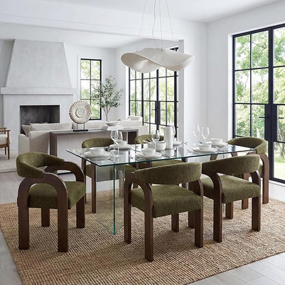 Farmhouse Dining Chairs Set of 6 - Upholstered Armchairs with Chenille Cushions & Curved Wooden Arms, Barrel Wood Kitchen Chairs for Dining Room/Cafe/Kitchen Island (Sage Green)