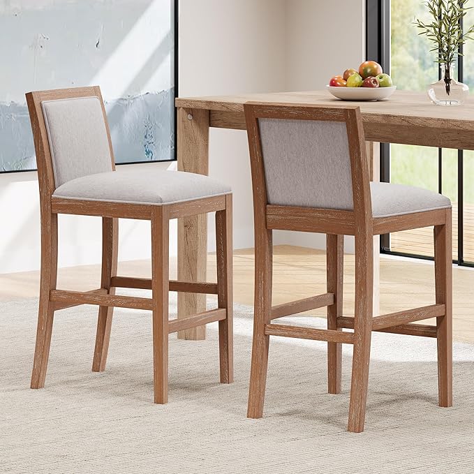 30.5 Inch Height Bar Stools Set of 2, Rubber Wood e,Fabric Sponge Cushion and Upholstered, Retro Bar Chairs Suitable for Kitchen Island,Bedroom,Dining Room.
