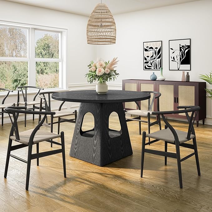 JOSHEN 47" Round Rustic Dining Table, Kitchen Table with Storage Shelf, Dinner Tables with Solid Wood Frame for Home Dining, Black