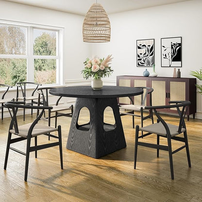 47" Round Rustic Dining Table, Kitchen Table with Storage Base, Dinner Tables with Solid Wood Frame for Home & Dining Areas, Black
