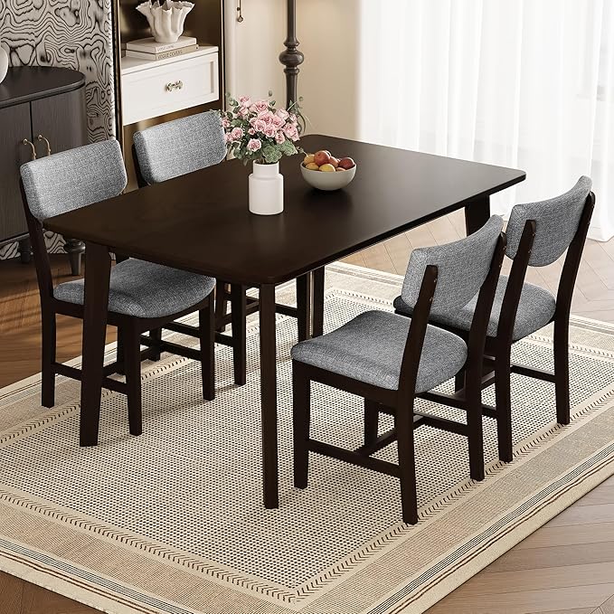 VilroCaz Rustic 5-Piece Dining Set, Solid Wood Rectangle Table with 4 Upholstered Chairs, Farmhouse-Style Dining Furniture for Kitchen & Dining Room, Minimalist Dining Set for 4 (Espresso-1.21)