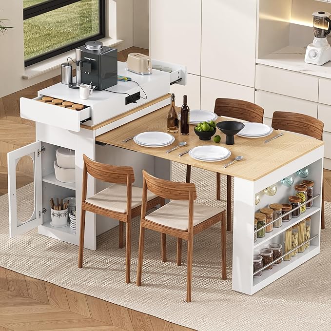 Extendable Dining Table with Storage, Transformer Console Table for 1-4 People, Mobile Rolling Island Table Space Saving Dining Room Table with Built-in Outlet for Homes, Apartments, Cream White
