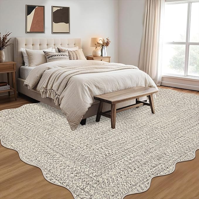 Imitation Braided Collection-Print Washable Rugs 10x13 Area Rug for Living Room Scalloped Bedroom Rug Soft Large Area Rug Non Slip Throw Rugs Stain Resistant Carpet for Nursery Dining Room