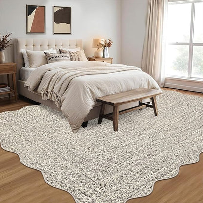 Imitation Braided Collection-Print Washable Rugs 10x13 Area Rug for Living Room Scalloped Bedroom Rug Soft Large Area Rug Non Slip Throw Rugs Stain Resistant Carpet for Nursery Dining Room