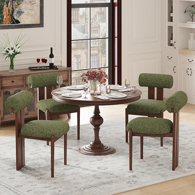 MALOL Modern Wooden Dining Chairs Set of 2, Upholstered Fabric Kitchen Chairs with Sculptural Backrest, Mid-Century Farmhouse Dining Room Chairs with Solid Wood Legs, Green