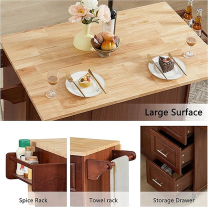 Modern Dining Table Expandable Kitchen Island with Drop Countertop Cabinet Tower Rack Rolling Cart Wheels Wood Console,Brown-3