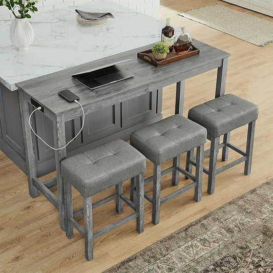 4-Piece Kitchen Island Counter-Table Set with Charging Station, Industrial 59" Dining Tables with 3 Stools, 59 Inch Farmhouse Bar Table Chairs w/USB & Type-C & Power Outlets, Grey
