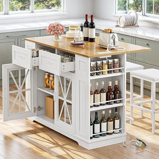 YITAHOME Kitchen Island with Seating, 47 Inch Mobile Storage Island with Drop Leaf, Rolling Islands Table with Power Outlet & Spice Rack, 2 Upholstered Stools and Footrest, for Dining Room, White Oak