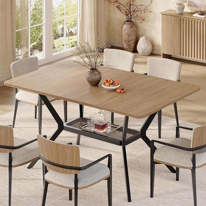 MECHYIN 55" Dining Table for 4-6, Industrial Kitchen Table with Spacious Storage Shelf, Sturdy Metal Frame Rectangular Dinner Table for Dining Room, Small Apartments, Home Office