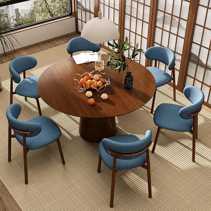 Kitchen Dining Chairs Set of 2 Modern Soft Linen Farmhouse Dining Room Chair, Blue/Walnut