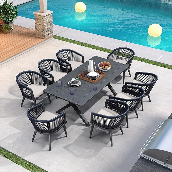 PURPLE LEAF Outdoor Dining Set with Waterproof Furniture Cover 9-Piece All-Weather Patio Set for 8 with Gray Aluminum Table Rope Weave Chairs and Cushions, Gray