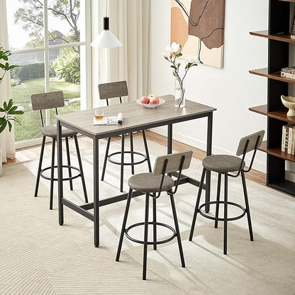 Pub High Dining Table Set 5 PCS Industrial Style Pub Table Set with 4 PU Leather Bar Chairs for Kitchen Breakfast Table Living Room Bar(Grey)