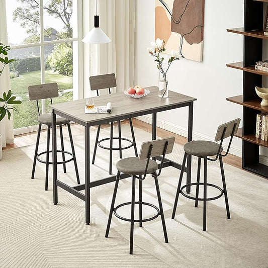 Pub High Dining Table Set 5 PCS Industrial Style Pub Table Set with 4 PU Leather Bar Chairs for Kitchen Breakfast Table Living Room Bar(Grey)