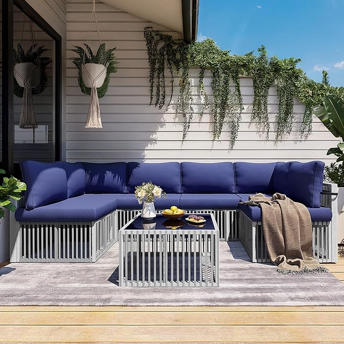 Pamapic 7-Piece Outdoor Sectional Set, Large Wicker Patio Furniture Set with Coffee Table and Washable Cushions Covers, All-Weather Patio Sofa Conversation Set for Backyard, Poolside, Garden