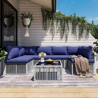 Pamapic 7-Piece Outdoor Sectional Set, Large Wicker Patio Furniture Set with Coffee Table and Washable Cushions Covers, All-Weather Patio Sofa Conversation Set for Backyard, Poolside, Garden