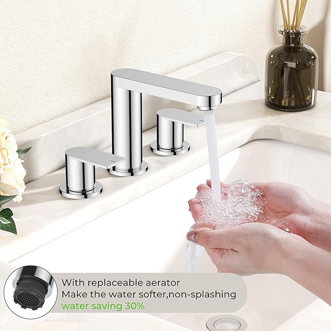 FORIOUS Bathroom Faucets 3 Hole Chrome, 8 Inch Widespread Bathroom Sink Faucet with Pop-up Drain and cUPC Supply Lines for Basin, Vanity, Laundry Room and Restroom