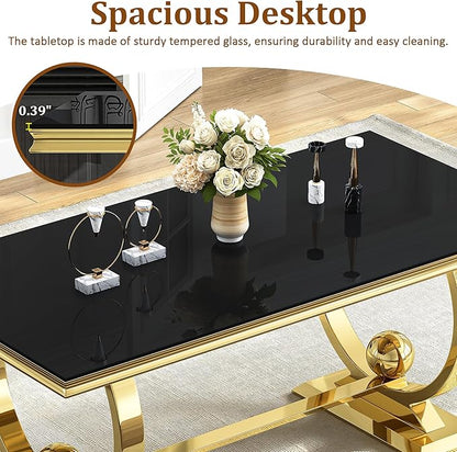 7-Piece Modern Dining Table Set, 70" Back Tempered Glass Kitchen Table with Gold Polished Stainless Steel U-Shaped Pedestal Base and 6 Black High Back Chairs with X-Shaped Legs, for Dining Room