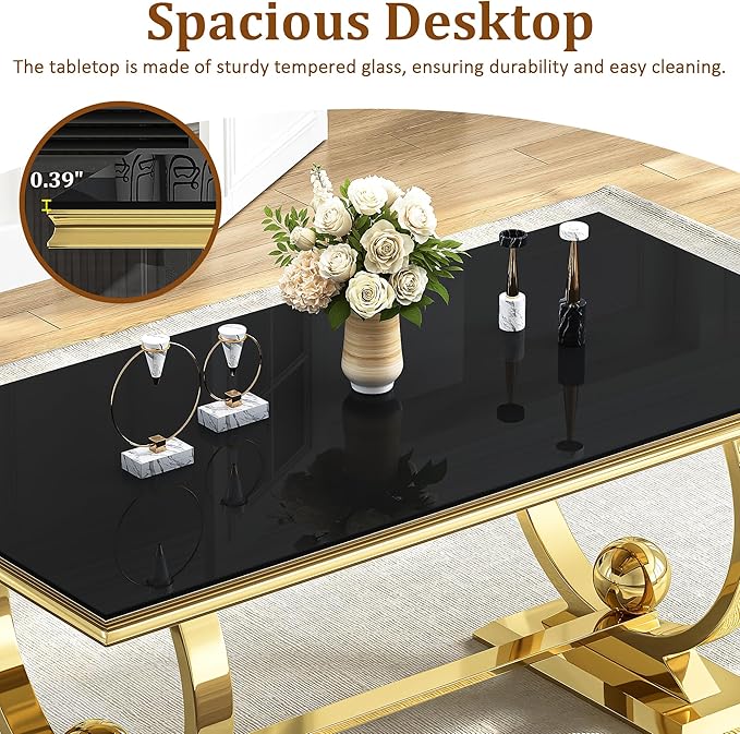 7-Piece Modern Luxury Dining Table Set, 70" Black Tempered Glass Kitchen Table with Gold Polished Stainless Steel U-Shaped Pedestal Base and 6 Black Upholstered High-Back Side Chairs for Dining Room
