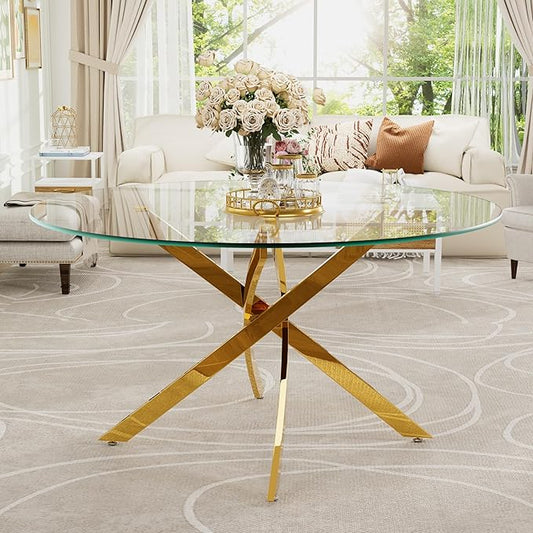 47-Inch Round Tempered Glass Dining Table for 4-6 Person - Heavy-Duty Metal Base with Adjustable Non-Slip Floor Protectors - Modern Large Kitchen Table for Dining Room, Apartment, Condo (Gold)