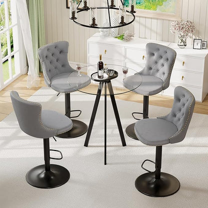 Glass Bar Height Table and Chairs Set for 4, Round Bistro Pub Table with Stools Set, Adjustable Retro Barstools Velvet Island Chairs for Small Space (Black Metal Legs, Clear Top + Grey Chair)