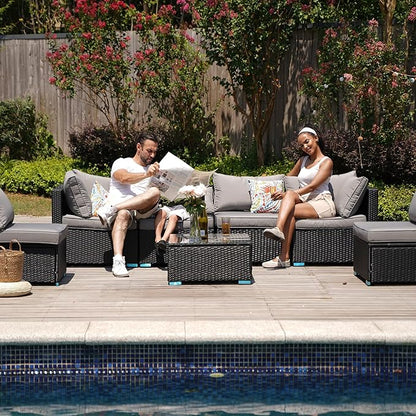 7 Piece Outdoor Patio Furniture Sets, Black Patio Sectional Furniture All-Weather PE Rattan Sectional Sofa, Outdoor Wicker Conversatin Set w Glass Coffee Table for Backyard, Spring, 2026