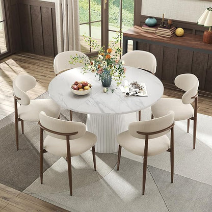 Farmhouse Round Dining Table Set for 6, 47 in Kitchen Table with MDF Tabletop & Base, Beige Fabric Upholstered Chairs with Walnut-Grain Metal Legs for Home Small Apartment (White)