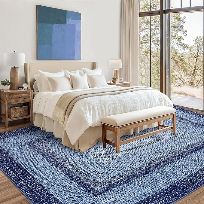 Washable Area Rugs 9x12 Living Room Modern Rugs for Bedroom Blue Rug Imitation Braided Soft Large Area Rug Non Slip Throw Rugs Stain Resistant Carpet for Nursery Dining Room 9'x12' Navy Blue
