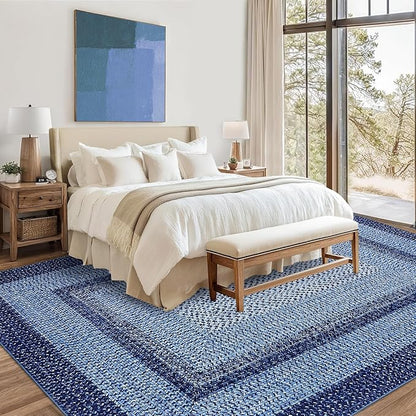 Washable Area Rugs 9x12 Living Room Modern Rugs for Bedroom Blue Rug Imitation Braided Soft Large Area Rug Non Slip Throw Rugs Stain Resistant Carpet for Nursery Dining Room 9'x12' Navy Blue