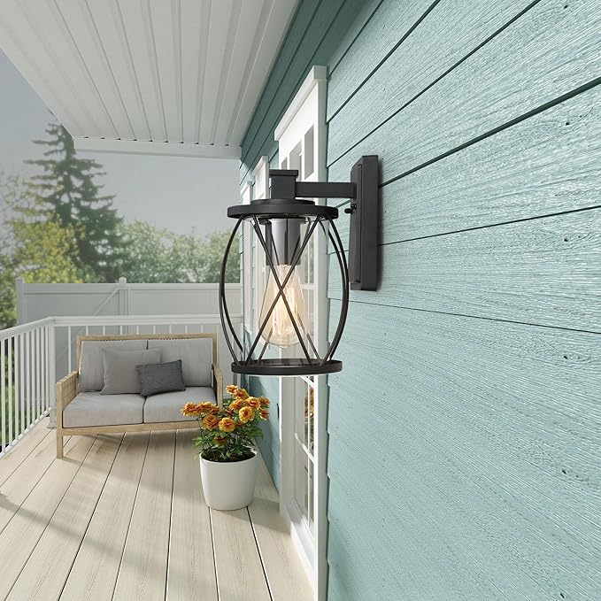 classy leaves Black Outdoor Light Fixture, Farmhouse Porch Light Waterproof Exterior Wall Light, 2 Pack Outdoor Wall Sconce Lighting Clear Glass for Front Door, Patio, Garden, Yard