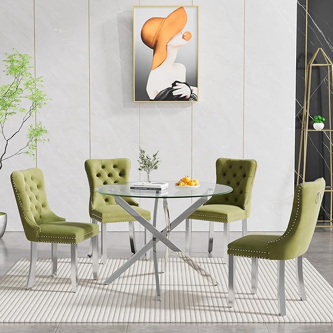 Glass Dining Table,36'' Round Dining Kitchen Table,Modern X-Design Dining Room Table with Silver Metal Base for Dining Room