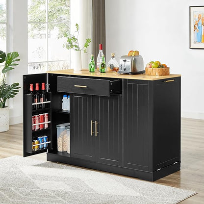 GOWE 53'' Kitchen Storage Islands with Drawers and Trash Can Storage for Kitchen & Dining. Modern Farmhouse Design, Black, 53.2" W x 20.9" D x 38.0" H.