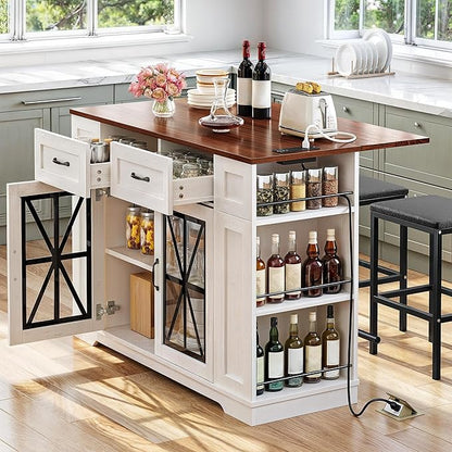 YITAHOME Kitchen Island with Seating, 47 Inch Mobile Storage Island with Drop Leaf, Rolling Islands Table with Power Outlet & Spice Rack, 2 Upholstered Stools and Footrest, for Dining Room, Off White
