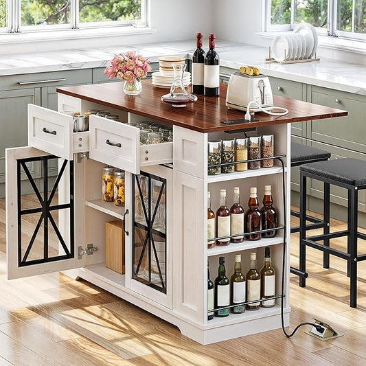 YITAHOME Kitchen Island with Seating, 47 Inch Mobile Storage Island with Drop Leaf, Rolling Islands Table with Power Outlet & Spice Rack, 2 Upholstered Stools and Footrest, for Dining Room, Off White