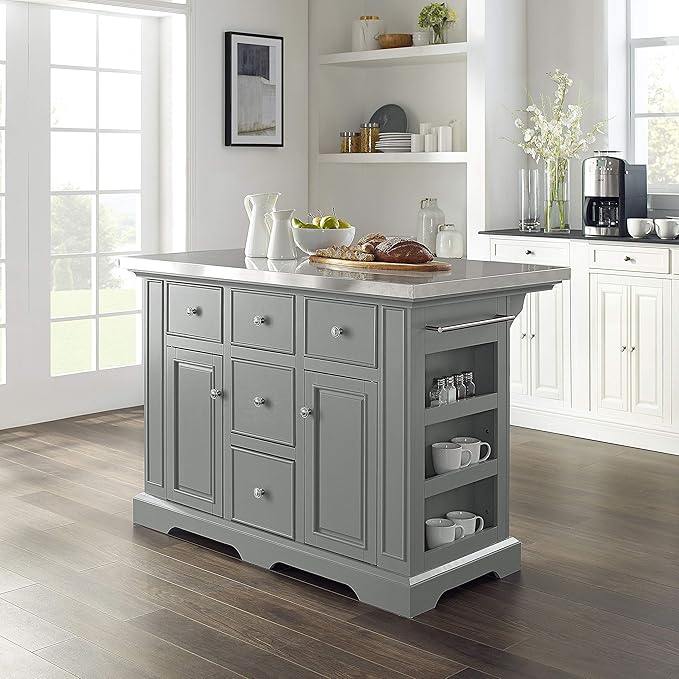 Crosley Furniture Julia Stainless Steel Top Kitchen Island with Storage Drawers, Shelves, and Spice Rack, Gray