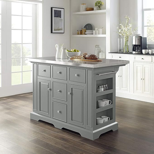 Crosley Furniture Julia Stainless Steel Top Kitchen Island with Storage Drawers, Shelves, and Spice Rack, Gray