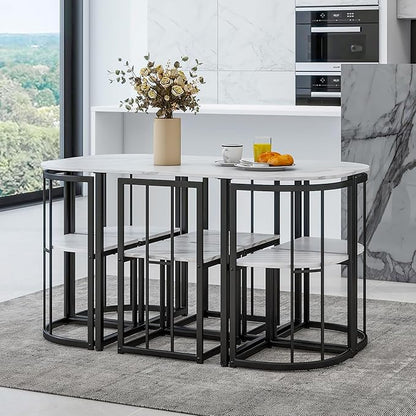 RuiSiSi 7 Piece Dining Table Set for 4, Metal Kitchen Table Set with Faux Marble Tabletop and 6 Dining Chairs for Kitchen, Dining Room, Small Space, Black+White