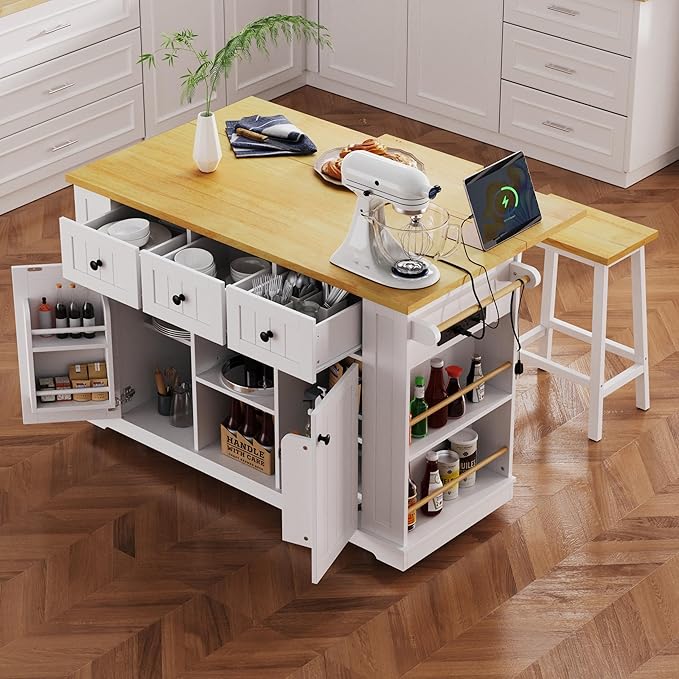 53'' Large Kitchen Island with 3 Drawers & Power Outlet & Door Internal Storage Rack & 5 Open Side Racks, Kitchen Storage Cart with 5 Wheels & Drop Leaf & 5 Open Side Racks, White