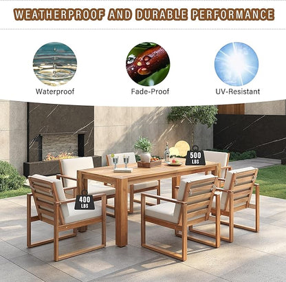 Merax Patio Table and Chairs Set, Outdoor Dining Set for 6 with Umbrella Hole, 7 Piece Outdoor Patio Furniture Set Wood Frame with Removable Cushion for Garden, Backyard, Lawn, and Poolside