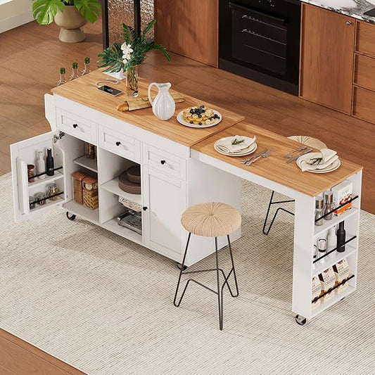 85.5" Kitchen Island with Extendable Dining Table & Power Outlet, Rolling Cart with 3 Drawers, 2 Doors & 3 Open Shelves, Mobile Storage Table for Kitchen and Dining Room (85.5"+White+Natural)