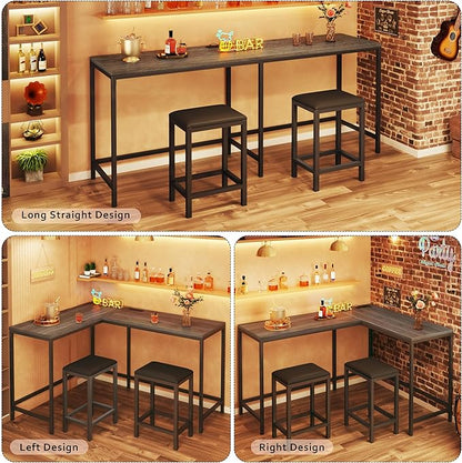 HUAHUU L Shaped Bar Table with 2 Stools, 63‘’ Bar Height Table with Power Outlets, Convertible Corner Counter Height Bar Table, Rectangular High Top Table for Small Spaces, Breakfast Nook, Grey Oak