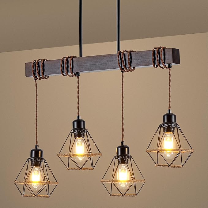 4 Light Kitchen Island Lighting, Farmhouse Chandeliers for Dining Room Light Fixtures Over Table, Modern Wood Pendant Lights Kitchen Island with Metal Lampshade