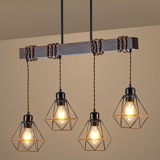 4 Light Kitchen Island Lighting, Farmhouse Chandeliers for Dining Room Light Fixtures Over Table, Modern Wood Pendant Lights Kitchen Island with Metal Lampshade