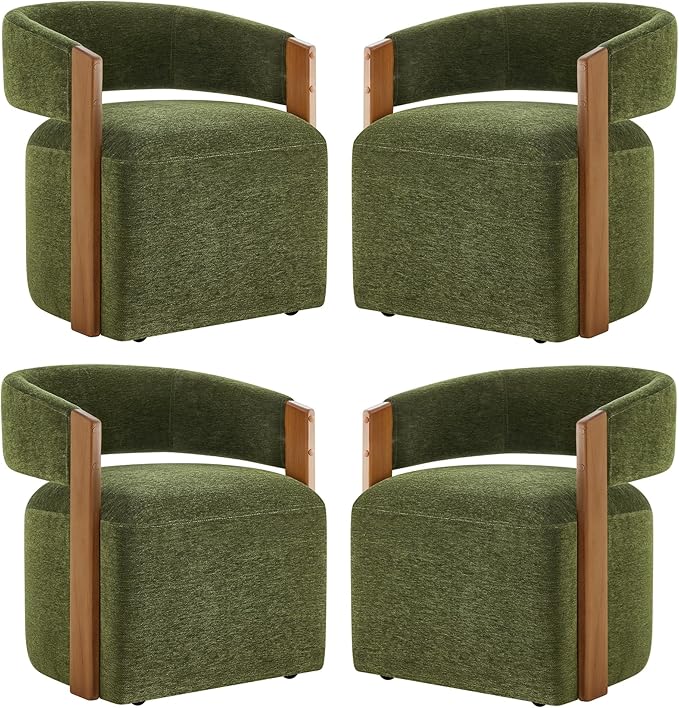 KISLOT Upholstered Dining Chairs with Casters, Modern Barrel Side Armchair with Rollers & Wooden Armrest for Dining Room, Bedroom, Kitchen, Reading Room, Green, Set of 4