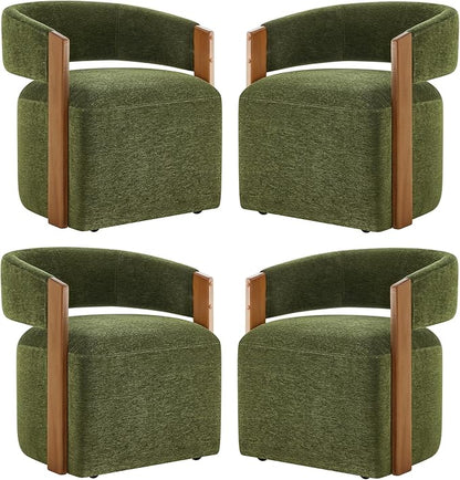 KISLOT Upholstered Dining Chairs with Casters, Modern Barrel Side Armchair with Rollers & Wooden Armrest for Dining Room, Bedroom, Kitchen, Reading Room, Green, Set of 4
