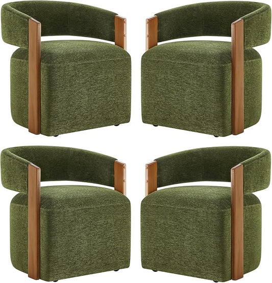 KISLOT Upholstered Dining Chairs with Casters, Modern Barrel Side Armchair with Rollers & Wooden Armrest for Dining Room, Bedroom, Kitchen, Reading Room, Green, Set of 4