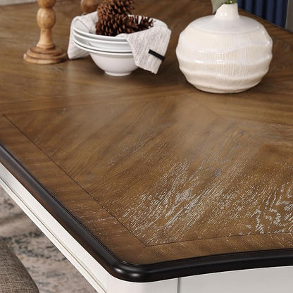 Roundhill Furniture Belleza French Country 74" Width Wood Dining Table, Table for 6, Antique White and Weathered Oak Finish