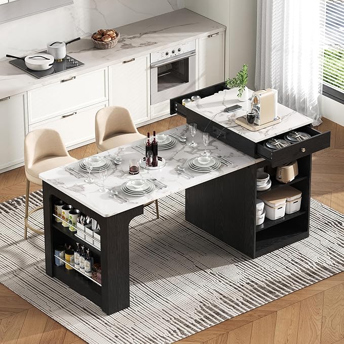Kitchen Island with Extendable Table, Extendable Wood Kitchen Storage Cabinet with 2 Drawers and Open Shelves, Foldable Storage Table with Power Outlet, Black
