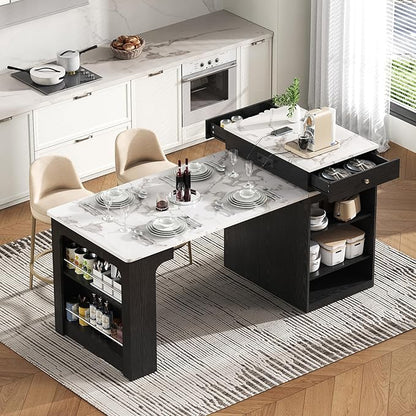 Kitchen Island with Extendable Table, Extendable Wood Kitchen Storage Cabinet with 2 Drawers and Open Shelves, Foldable Storage Table with Power Outlet, Black